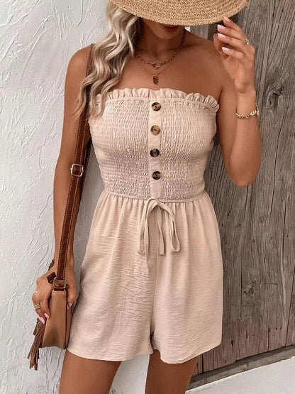 Chic strapless Palm Bay Mini Dress in light beige with button-down front, perfect for summer outings and casual occasions.