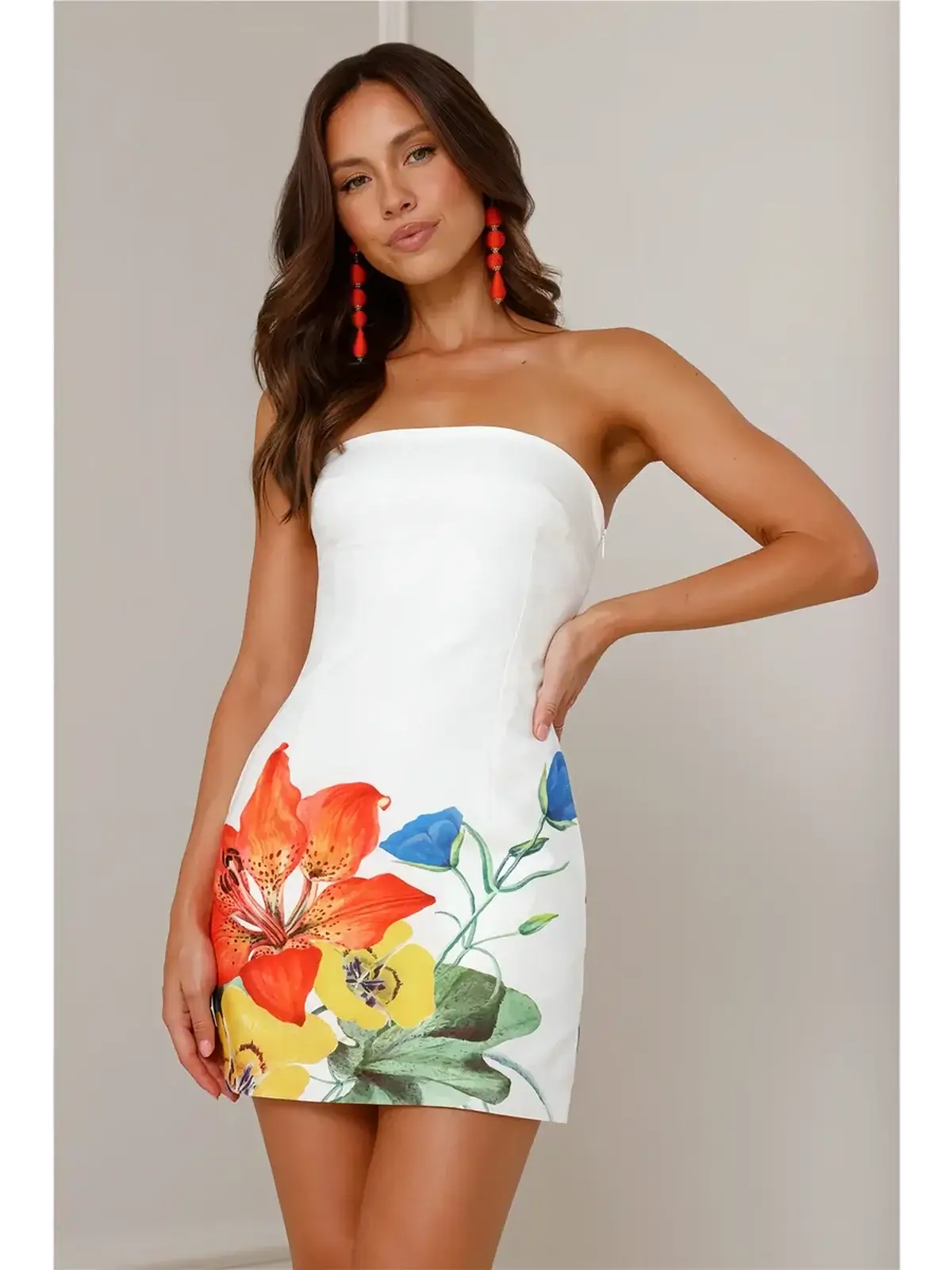 Stylish Petal Muse white midi dress with vibrant floral print, perfect for weddings and summer occasions.