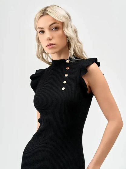Black ribbed mini dress with ruffled sleeves and gold button detailing, perfect for casual or formal occasions.