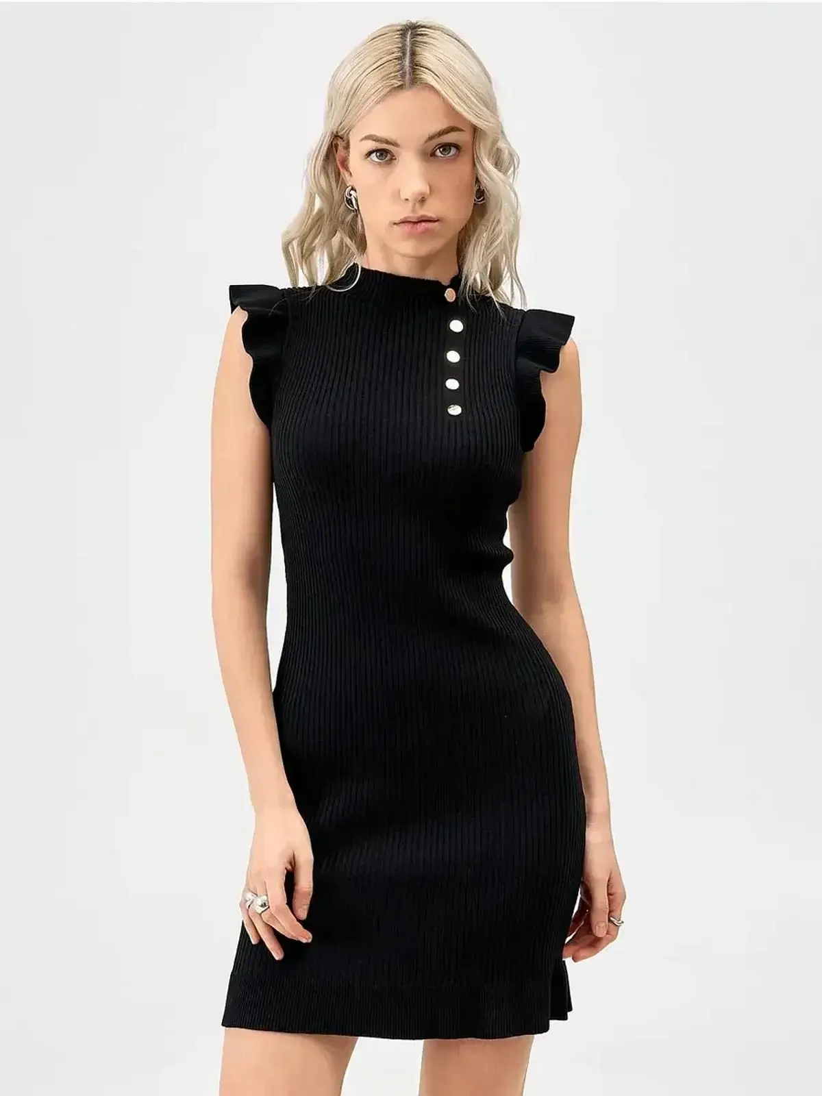 Black ribbed mini dress with ruffle sleeves and gold button detailing, perfect for summer and cocktail occasions.