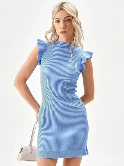 Sleek blue ribbed mini dress with ruffled cap sleeves and gold-tone buttons, perfect for summer parties.