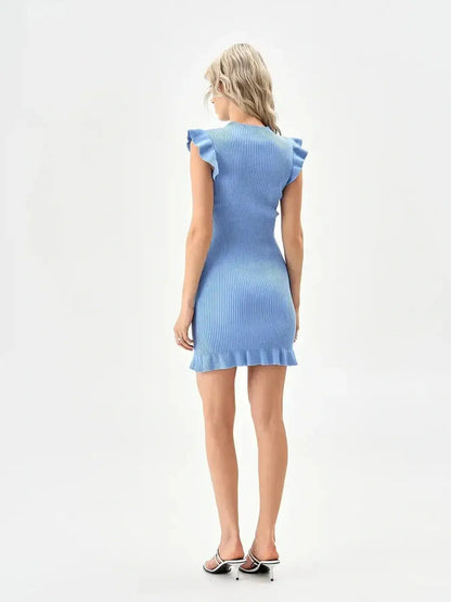 Back view of a blue ribbed mini dress with ruffled cap sleeves, perfect for summer and cocktail parties.