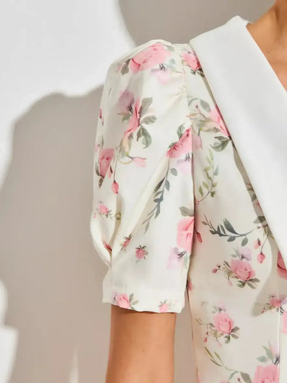 Floral mini dress with pink roses and puffed sleeves, perfect for summer wedding guest dresses.