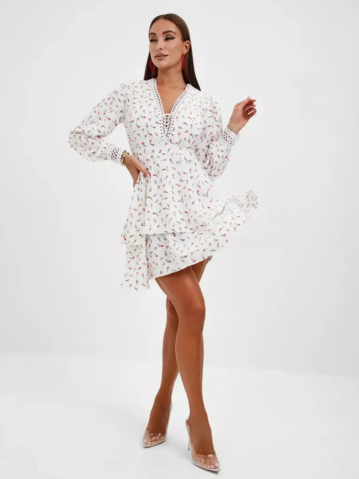 Elegant white mini dress with rosebud print, perfect for summer parties and special occasions.