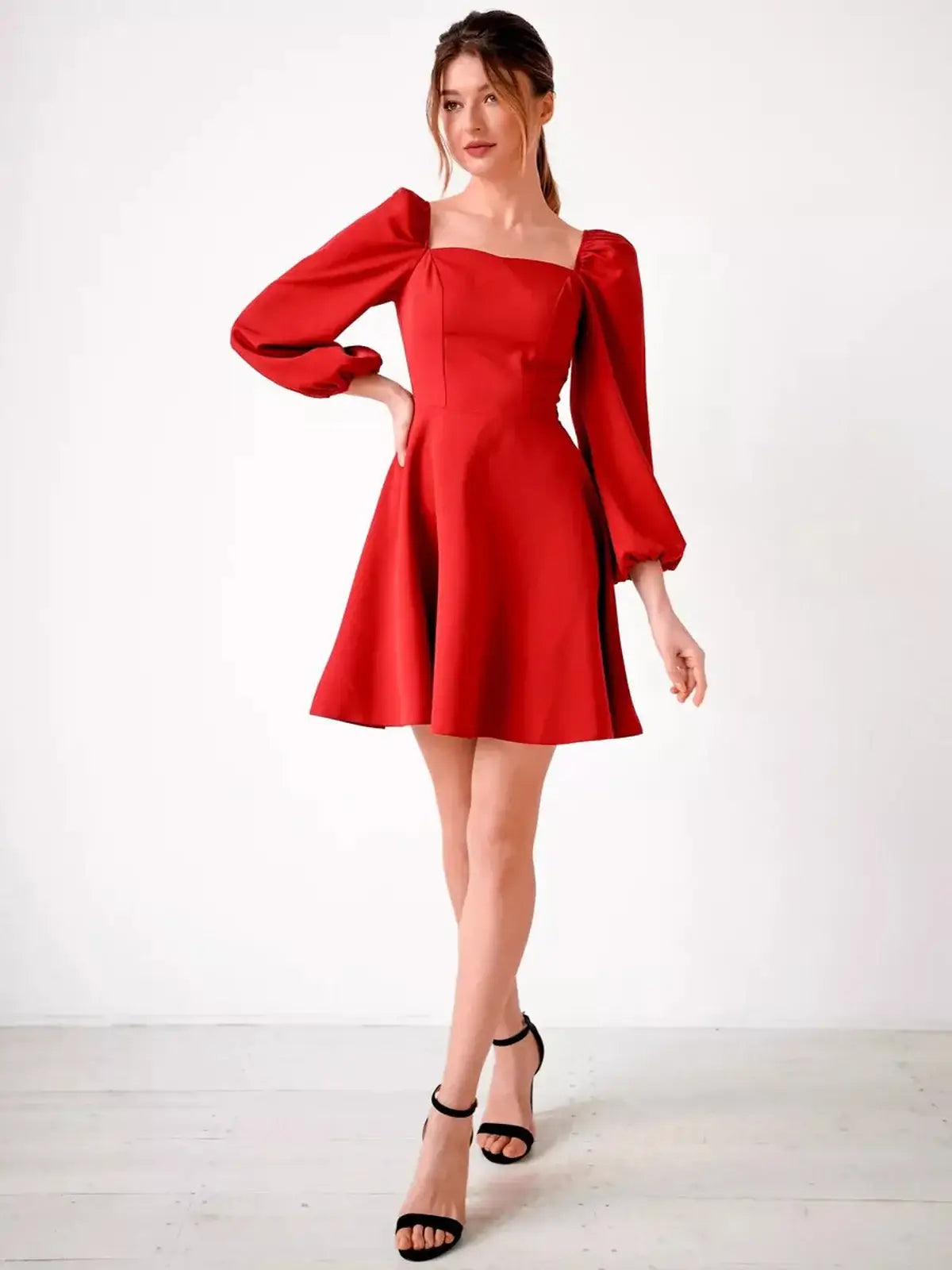 Red Ruby Flare mini dress with puff sleeves and square neckline, perfect for party or wedding guest attire.