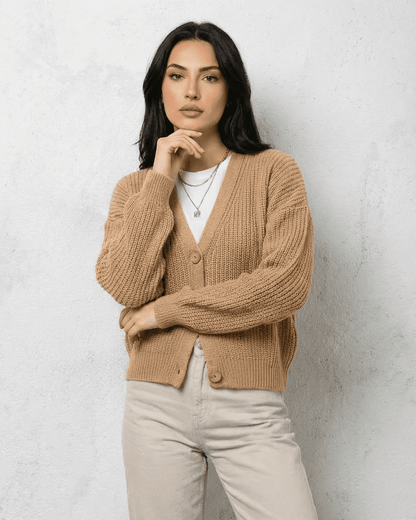 Saffron Cardigan by Slimona, elegant beige knitwear in relaxed V-neck style, perfect for layering.