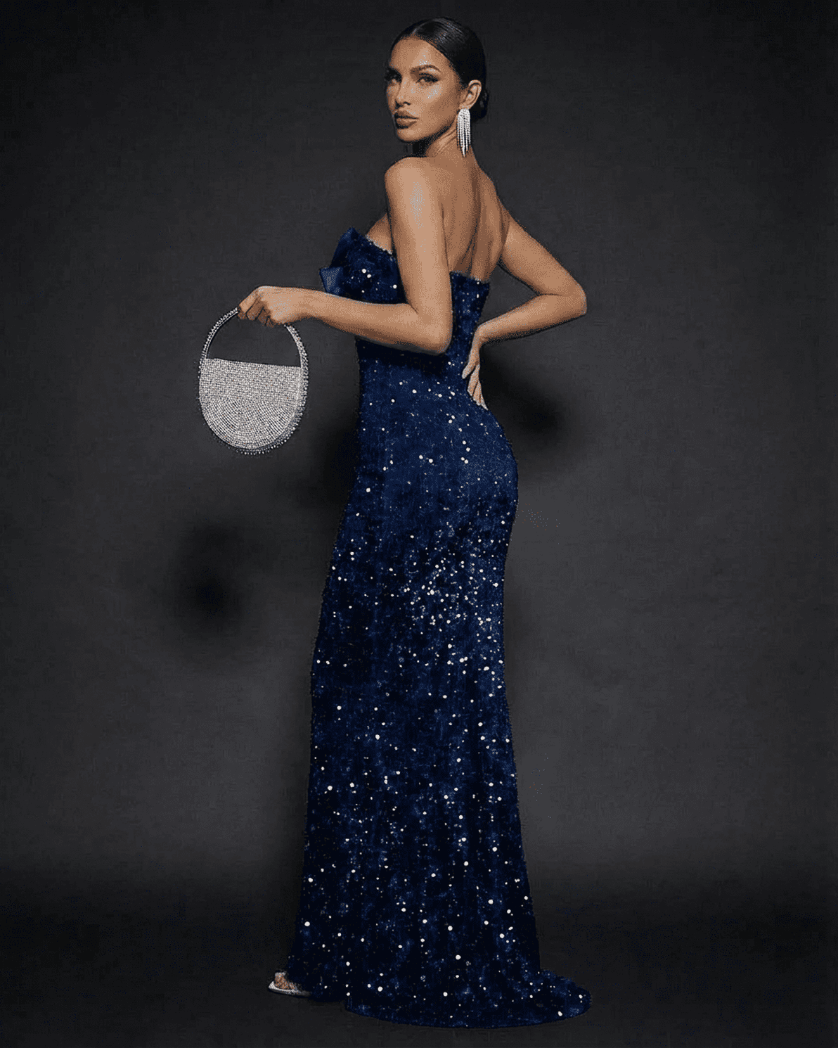 Sapphire Maxi Dress by Slimona, strapless sequin party dress with elegant bow detail.