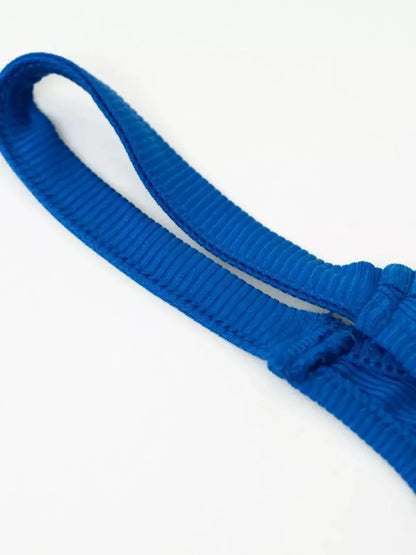 Close-up of the ribbed blue strap from the Sapphire Tide Mini Dress, showcasing its sporty design.