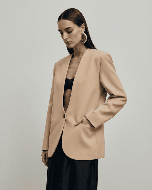 Savona Blazer by Slimona, modern women's fitted beige blazer with V-neck and sleek silhouette.