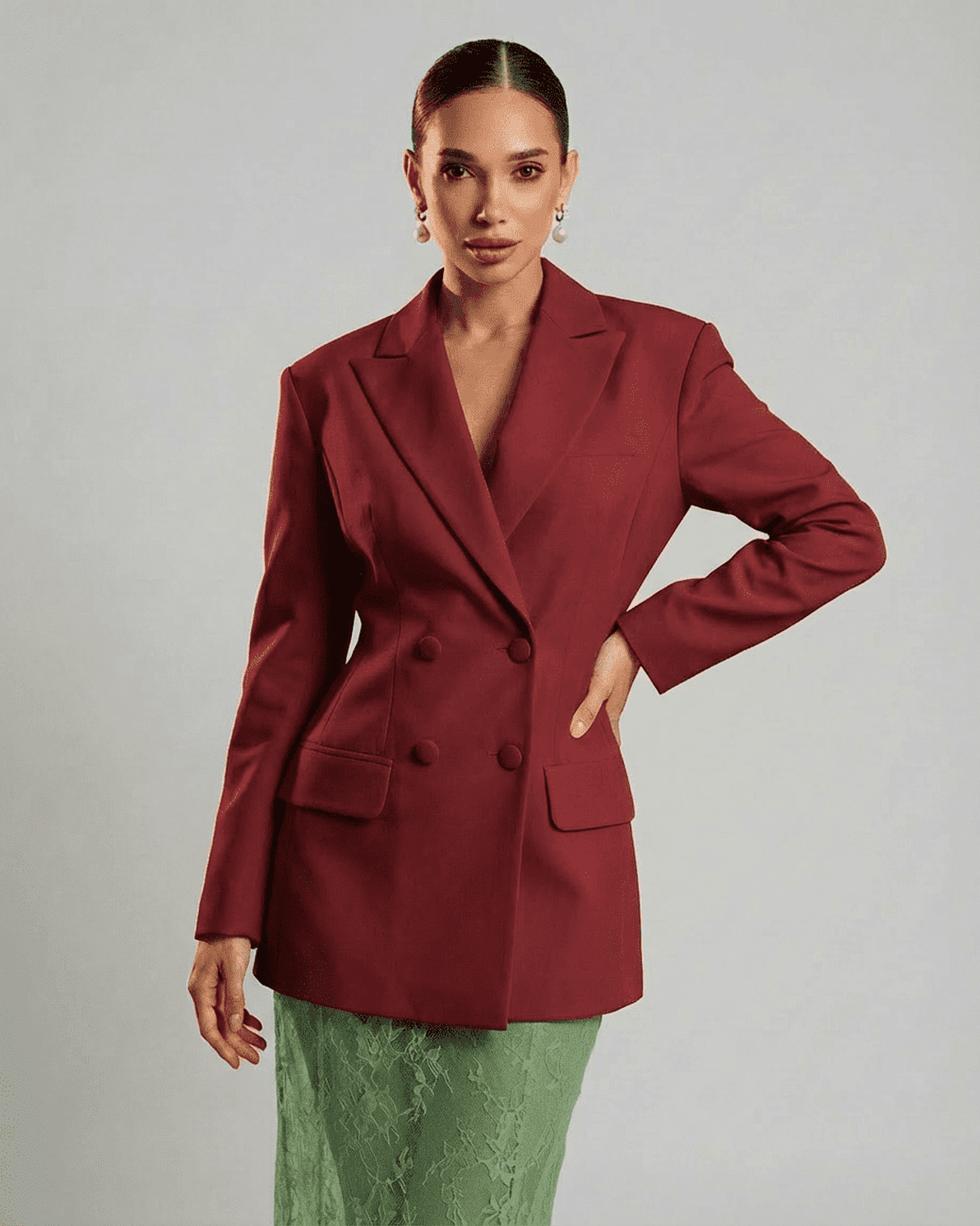 Scarlet Blazer by Slimona - Double-breasted red blazer with tailored silhouette and sharp lapels.