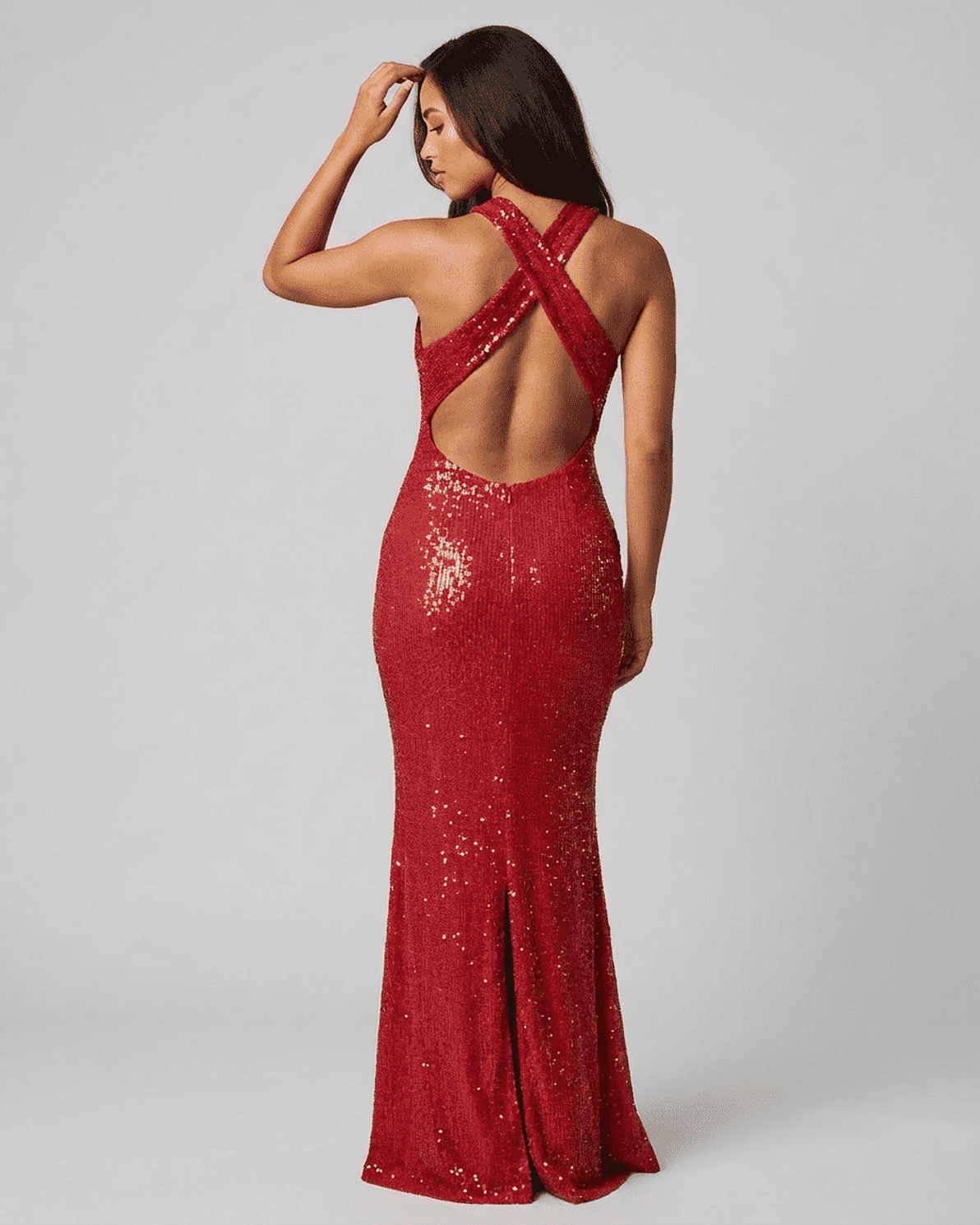 Scarlet Maxi Dress by Slimona, showcasing a backless design with sequins and a V-neck silhouette.