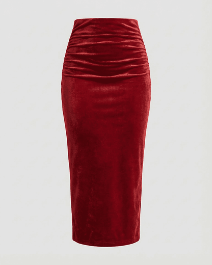 Scarlet Midi Skirt by Slimona - High-waisted velvet pencil skirt with elegant back slit in rich red.