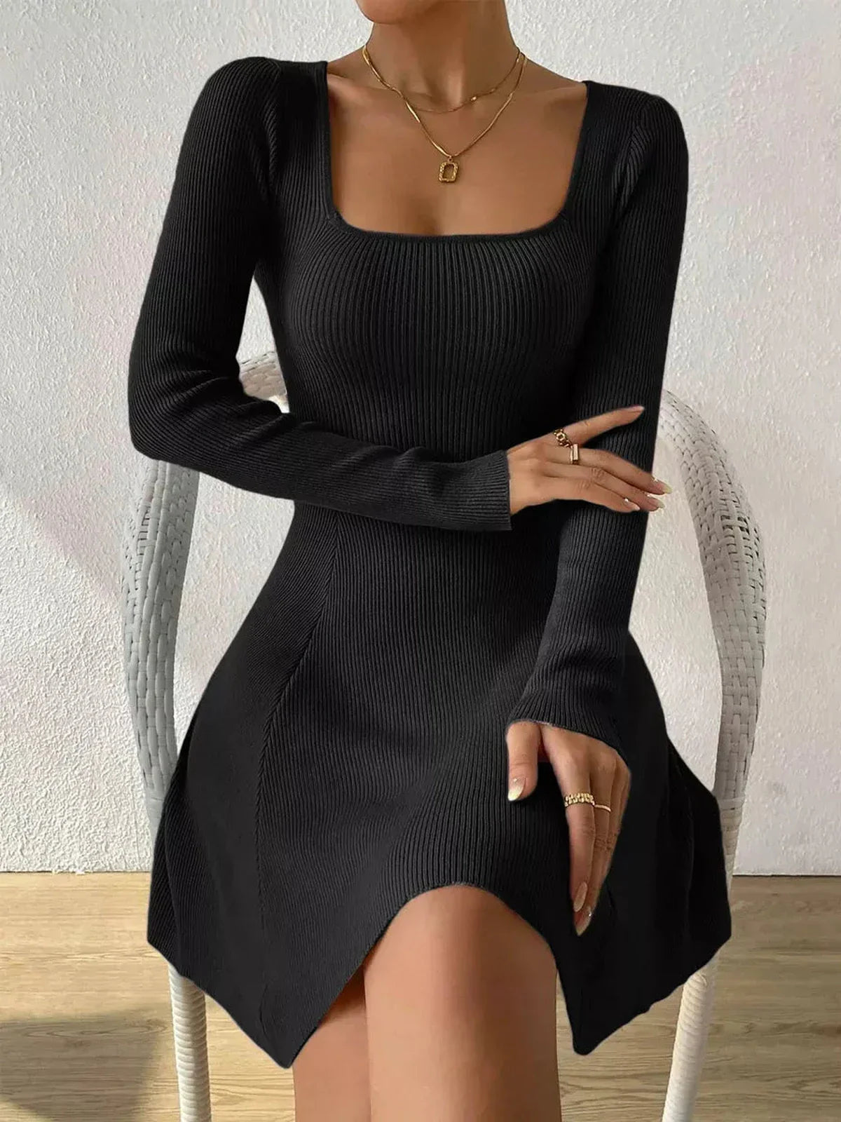 Sculpt Knit Dress in ribbed black, featuring a square neckline and flared hem, perfect for cocktail and formal occasions.