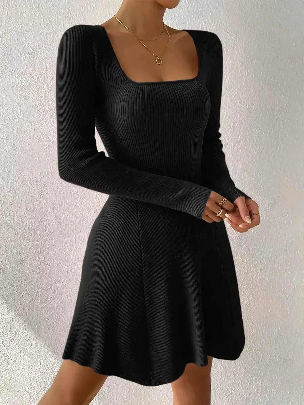 Sculpt Knit Dress in black with square neckline and flared hem, perfect for summer or formal occasions.