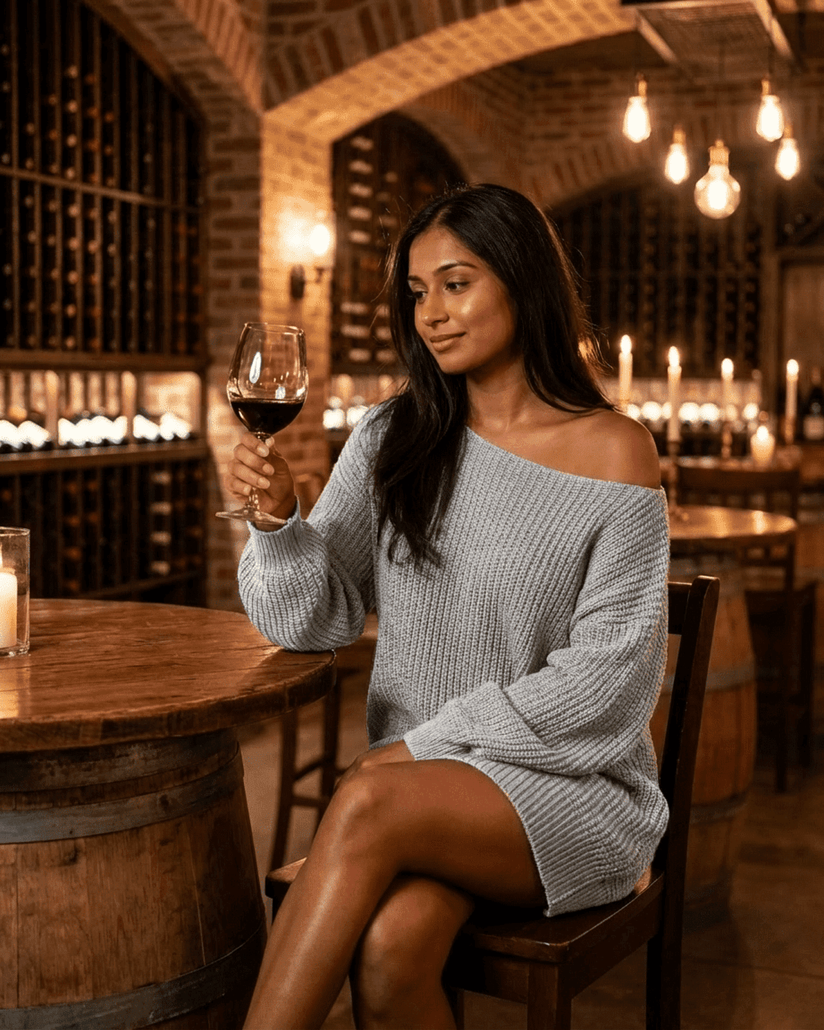 A woman enjoying a glass of red wine while wearing the Selene Mini Dress in a cozy wine cellar atmosphere.