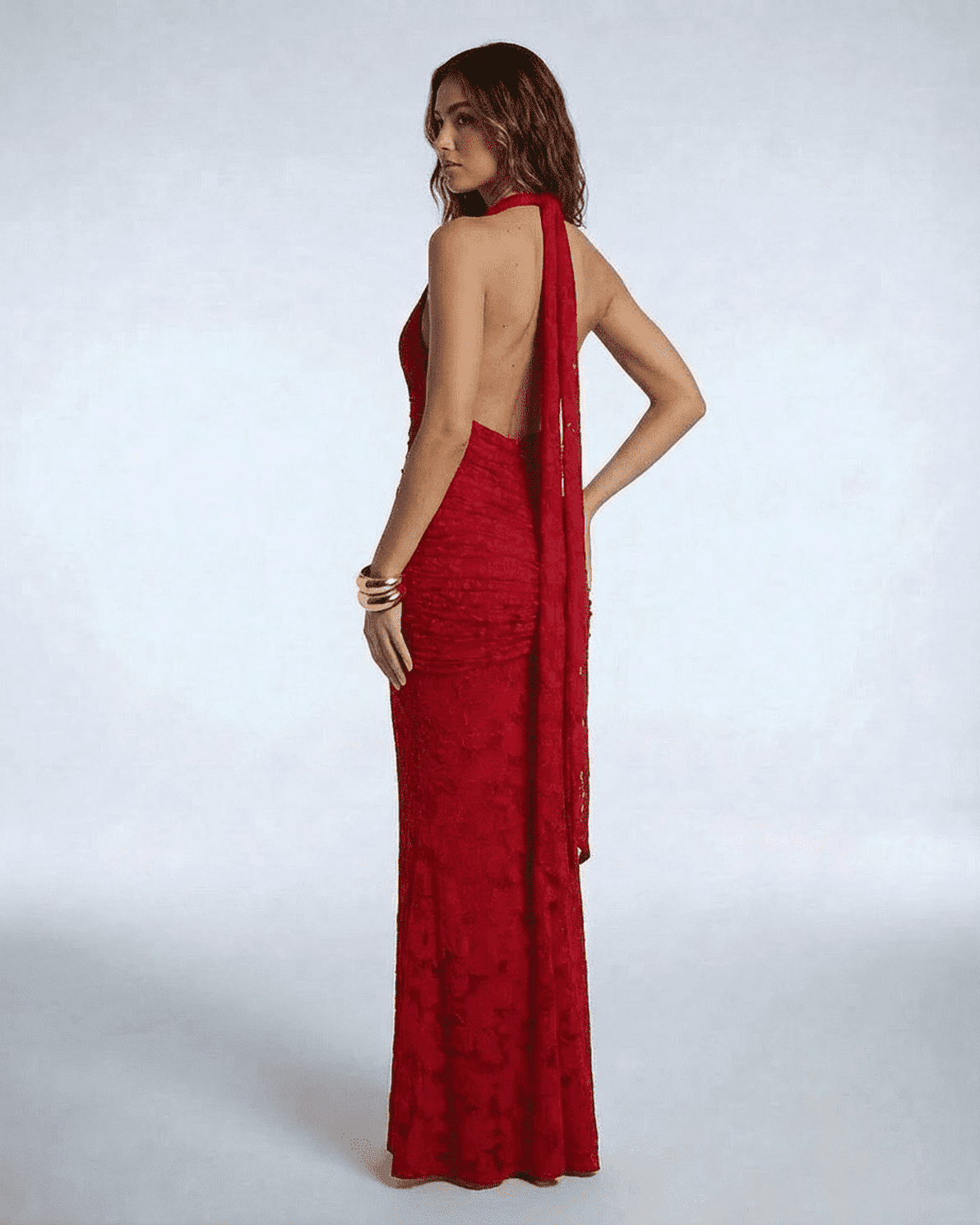 Seraphina Maxi Dress by Slimona, red jacquard mermaid gown with deep V-neck and dramatic ribbon tie.