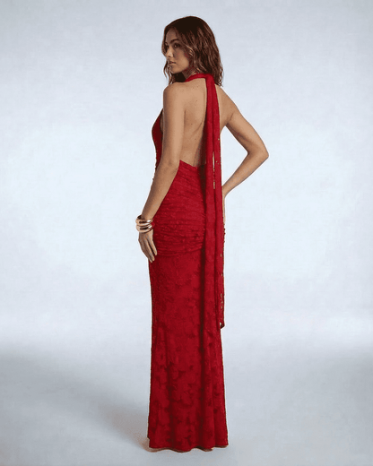 Seraphina Maxi Dress by Slimona, red jacquard mermaid gown with deep V-neck and dramatic ribbon tie.
