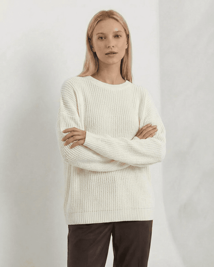 Seren Sweater by Slimona, loose fit thick ribbed knitwear in ivory with round neck and long sleeves.
