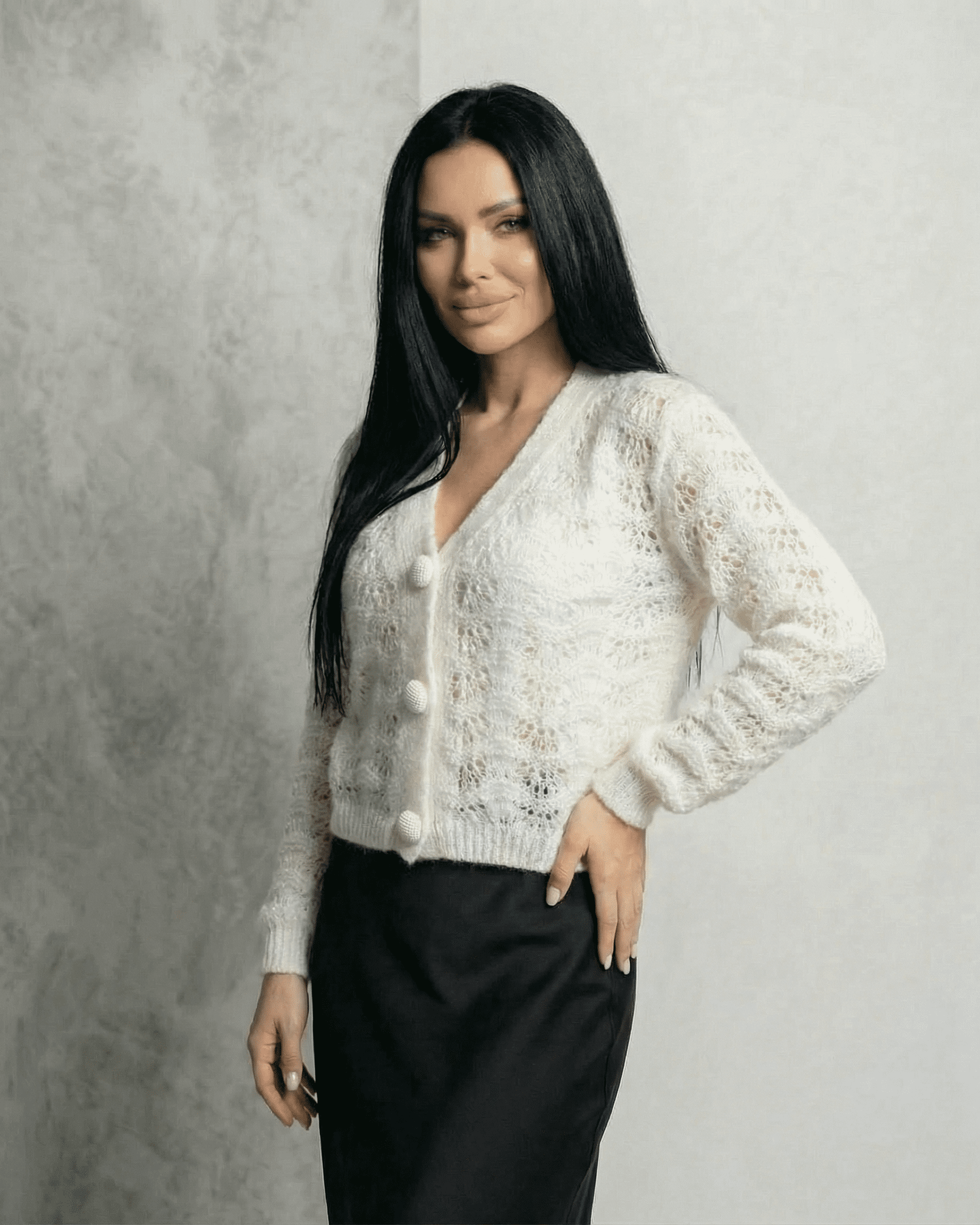 Serena Cardigan by Slimona - Elegant lace knit V-neck button front cardigan for women.