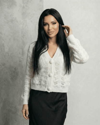 Serena Cardigan by Slimona featuring a lace knit texture, V-neck design, and button front.