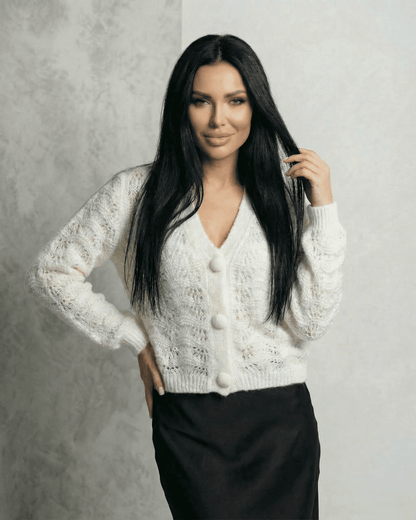 Serena Cardigan by Slimona, a delicate lace knit V-neck button front cardigan in white.