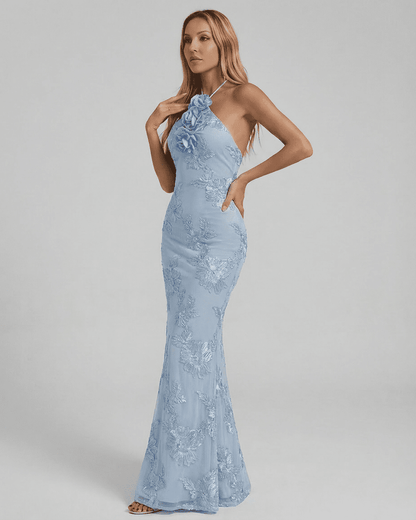Serena Maxi Dress by Slimona - Halter neck style in light blue with 3D floral appliqué and foil print detail.