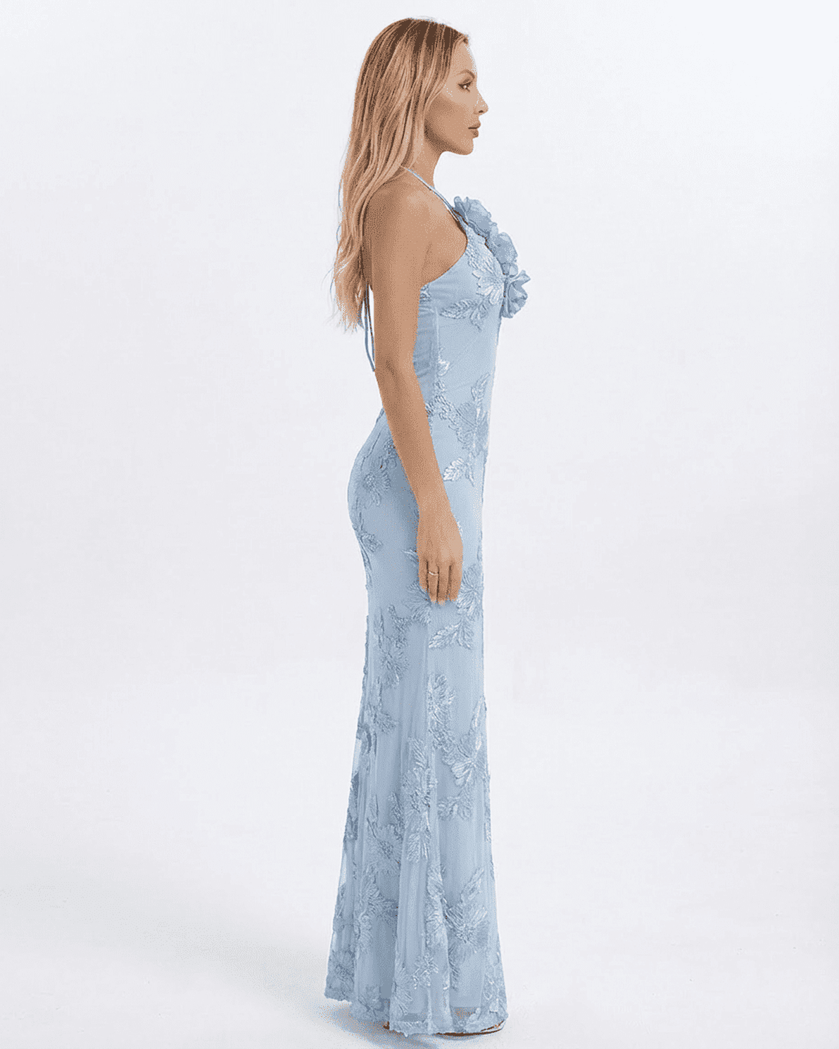 Serena Maxi Dress by Slimona, halter neck design in light blue with 3D floral and foil print details.