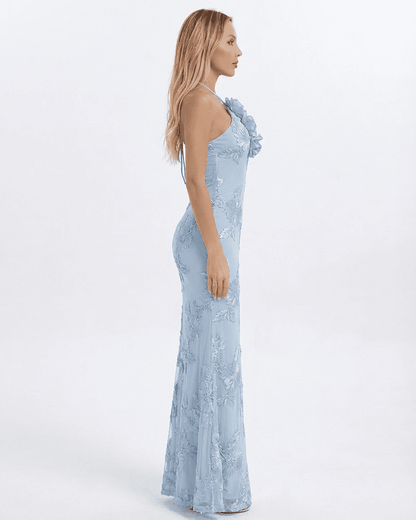 Serena Maxi Dress by Slimona, halter neck design in light blue with 3D floral and foil print details.