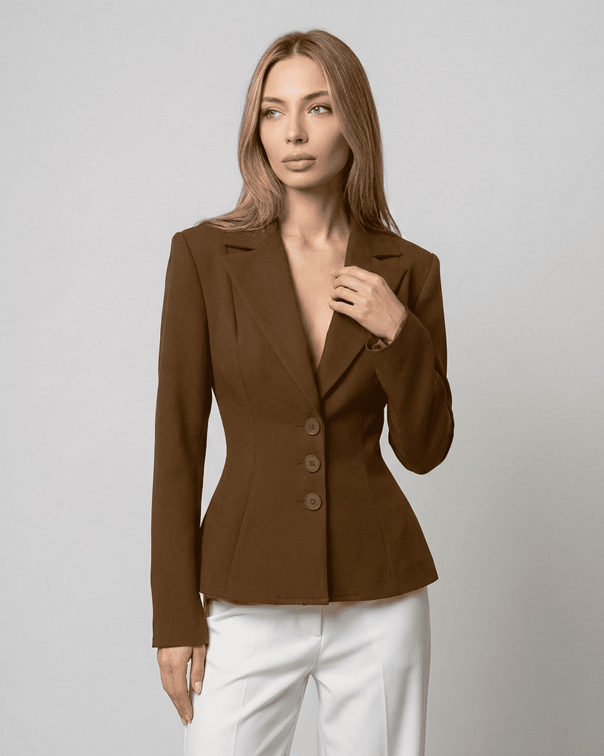 Sienna Blazer by Slimona, fitted waist V-neck tailored silhouette in brown, ideal for modern workwear.