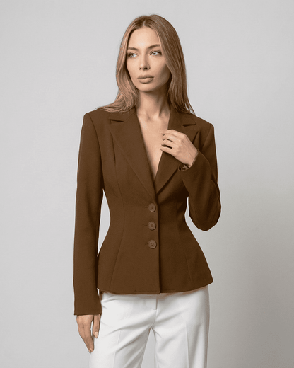 Sienna Blazer by Slimona, fitted waist V-neck tailored silhouette in brown, ideal for modern workwear.