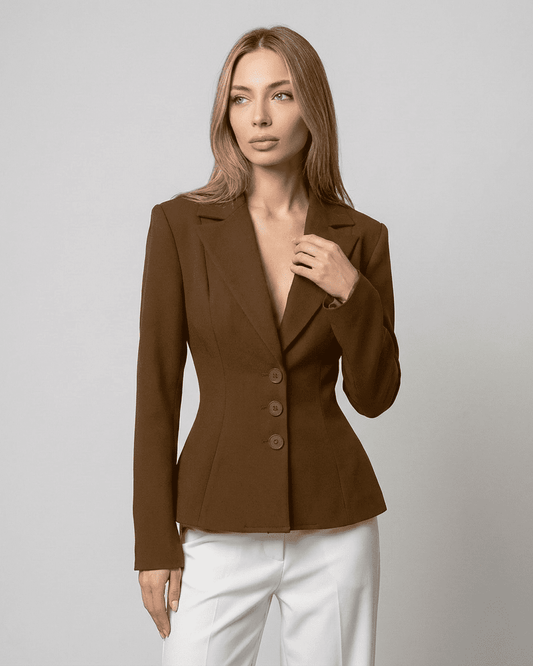 Sienna Blazer by Slimona, fitted waist V-neck tailored silhouette in brown, ideal for modern workwear.