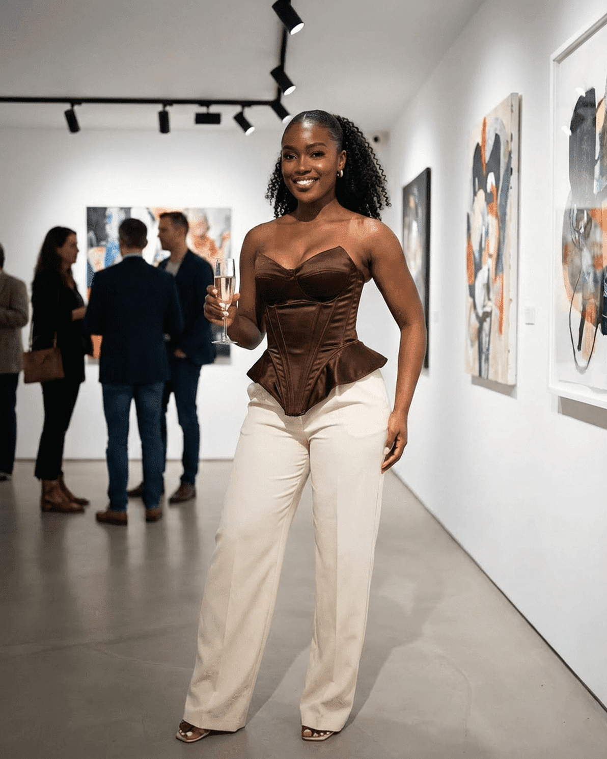 Sienna Corset Top by Slimona, a strapless satin corset in rich brown, showcased in a chic gallery setting.
