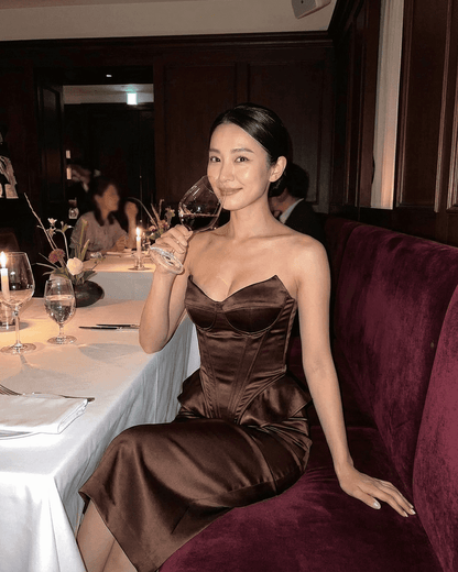 Sienna Corset Top by Slimona, strapless satin design in rich brown, showcasing elegance and sophistication.