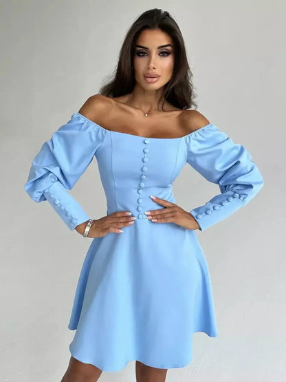 Skyline Muse Mini Dress in sky blue, featuring puffed sleeves and a square neckline, perfect for summer occasions.