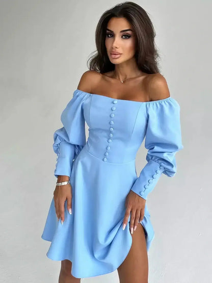 Skyline Muse Mini Dress in sky blue, featuring a square neckline and long puffed sleeves, perfect for summer occasions.