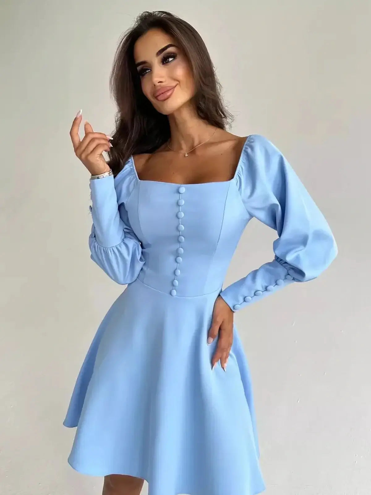 Skyline Muse Mini Dress in sky blue with puffed sleeves and square neckline, perfect for summer weddings and formal events.