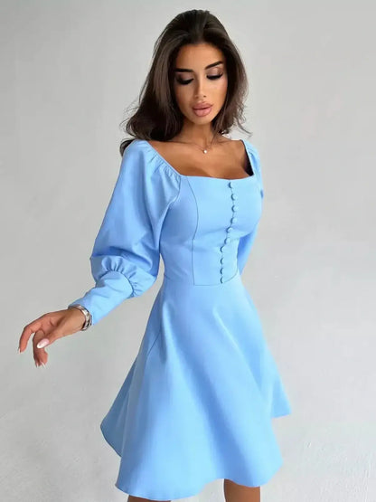 Skyline Muse Mini Dress in sky blue with square neckline and puffed sleeves, perfect for summer weddings and parties.