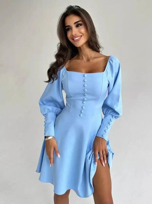 Skyline Muse Mini Dress in sky blue, featuring a square neckline and puffed sleeves, perfect for summer occasions.