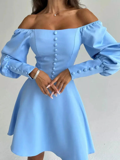 Skyline Muse Mini Dress in sky blue with off-the-shoulder neckline and puffed sleeves, perfect for summer occasions.