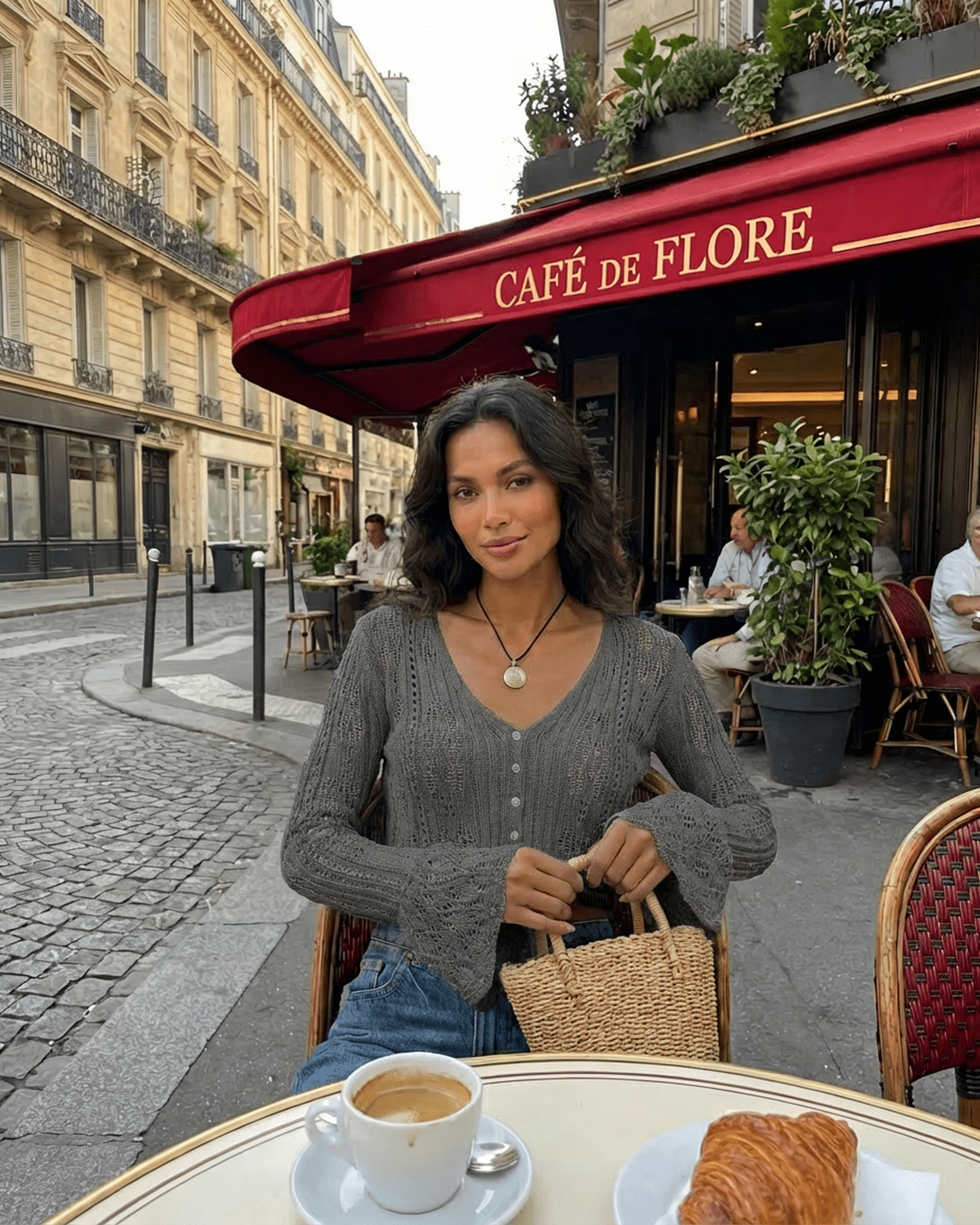 Model wearing Slate Cardigan from Slimona, enjoying coffee at Café de Flore with a stylish, relaxed ambiance.