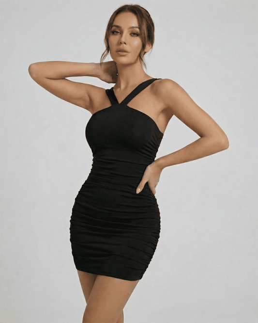 Astra Mini Dress by Slimona featuring an asymmetrical bodycon silhouette and sleek sleeveless design.