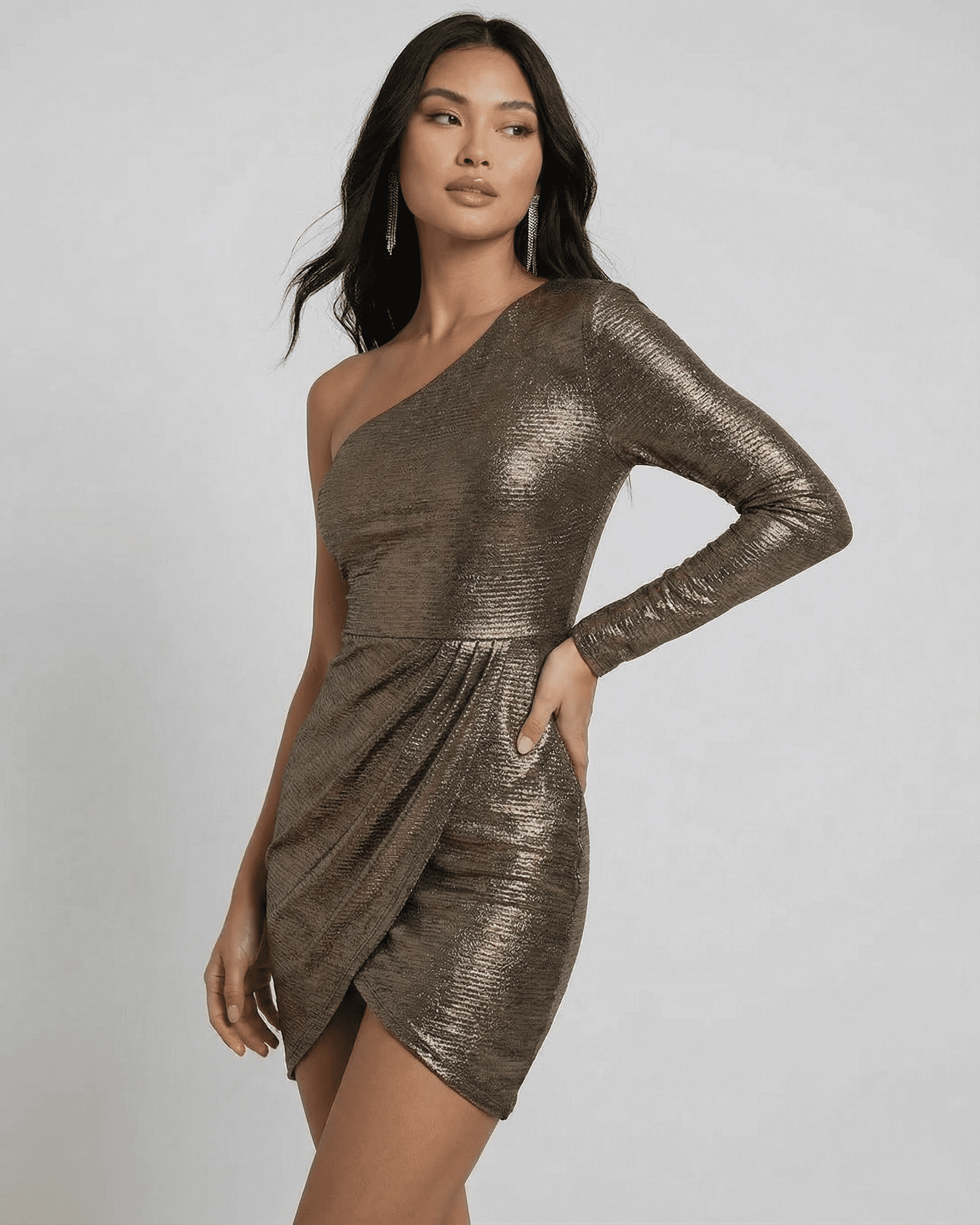 Aurora Mini Dress by Slimona - One-Shoulder Ruched Mini Dress with Metallic Finish, showcasing a contemporary style.