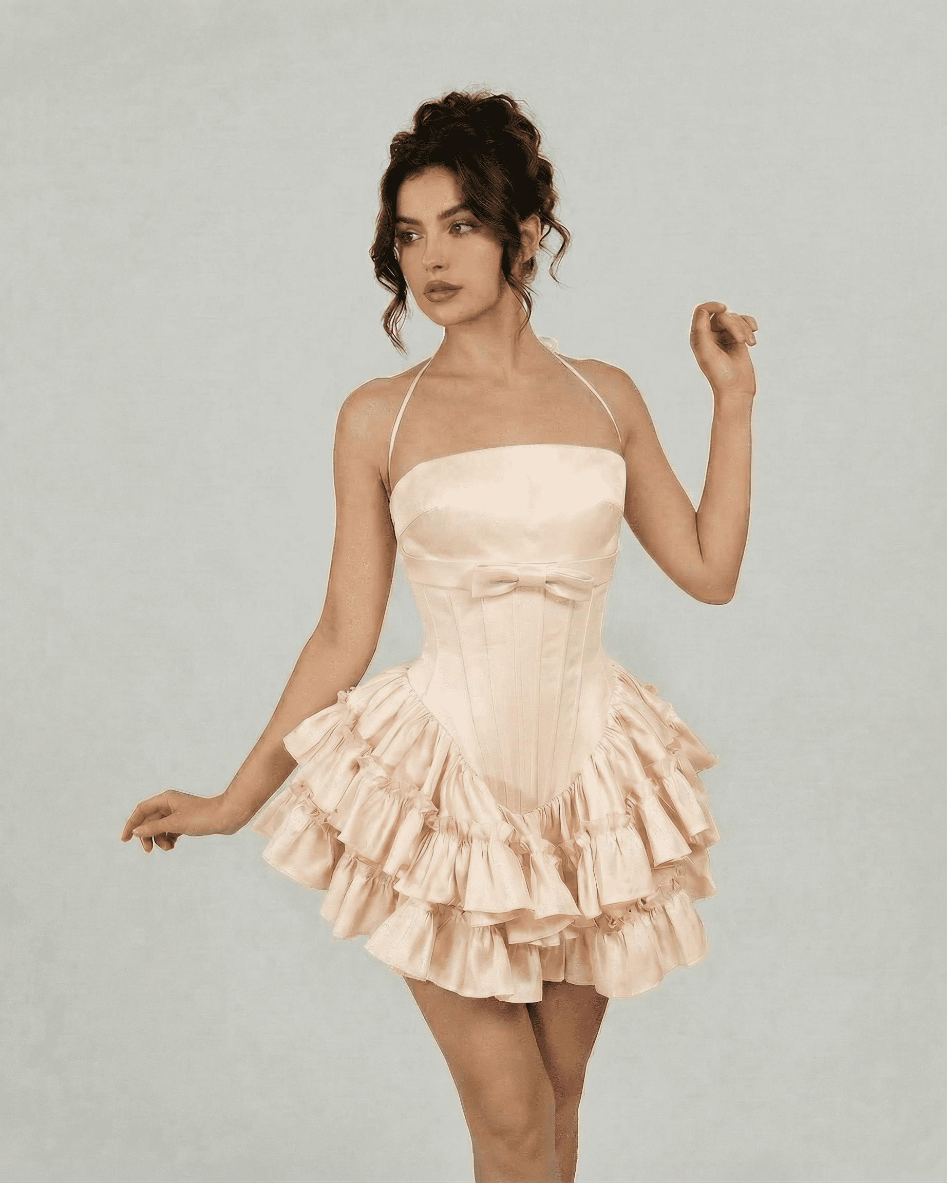 Slimona Champagne Mini Dress featuring a corset-inspired design with a tiered ruffle skirt in soft nude color.