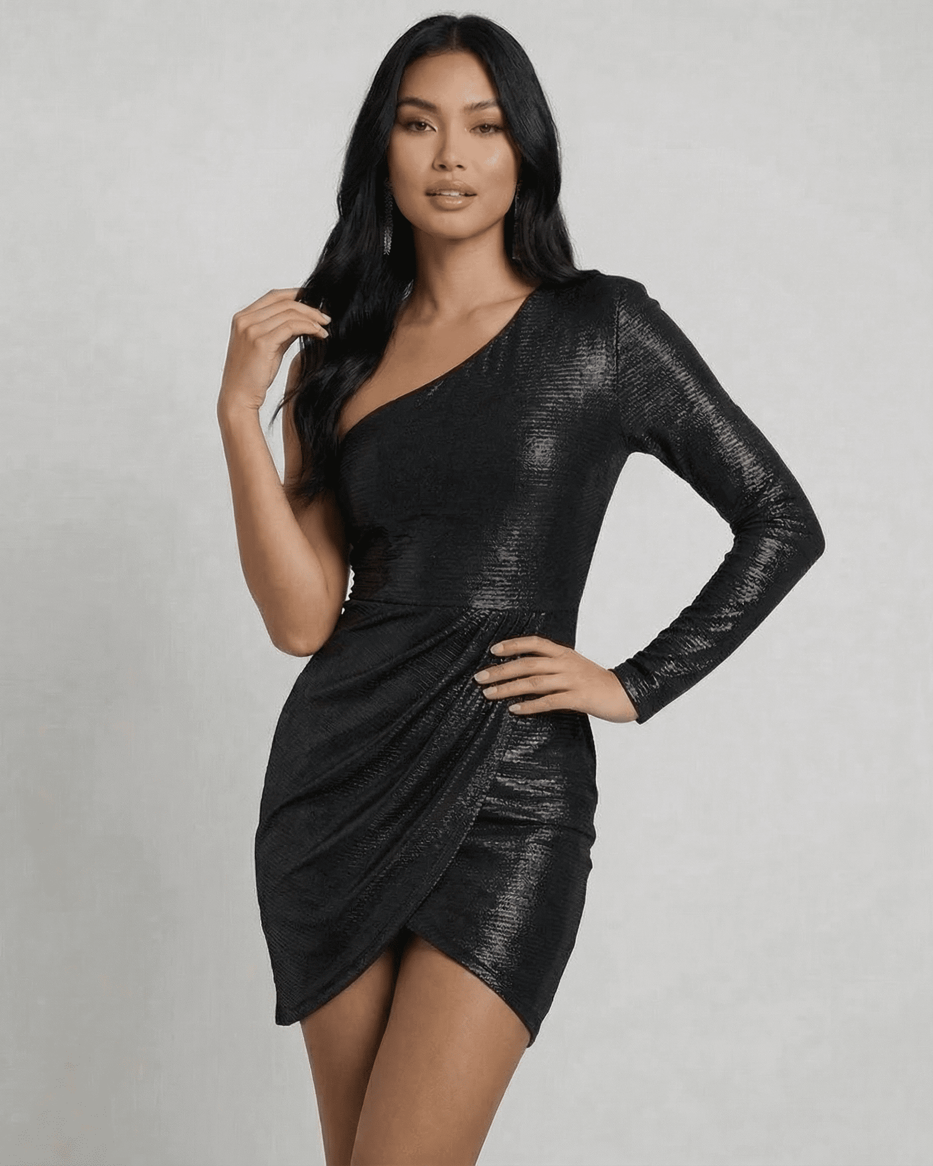 Eclipse Mini Dress by Slimona, asymmetrical one-shoulder black dress with sleek metallic finish.