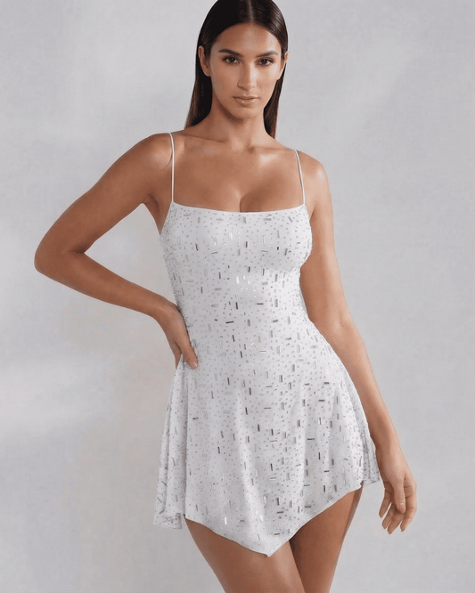 Ivory Mini Dress by Slimona featuring a stylish square neckline and elegant embellishments.