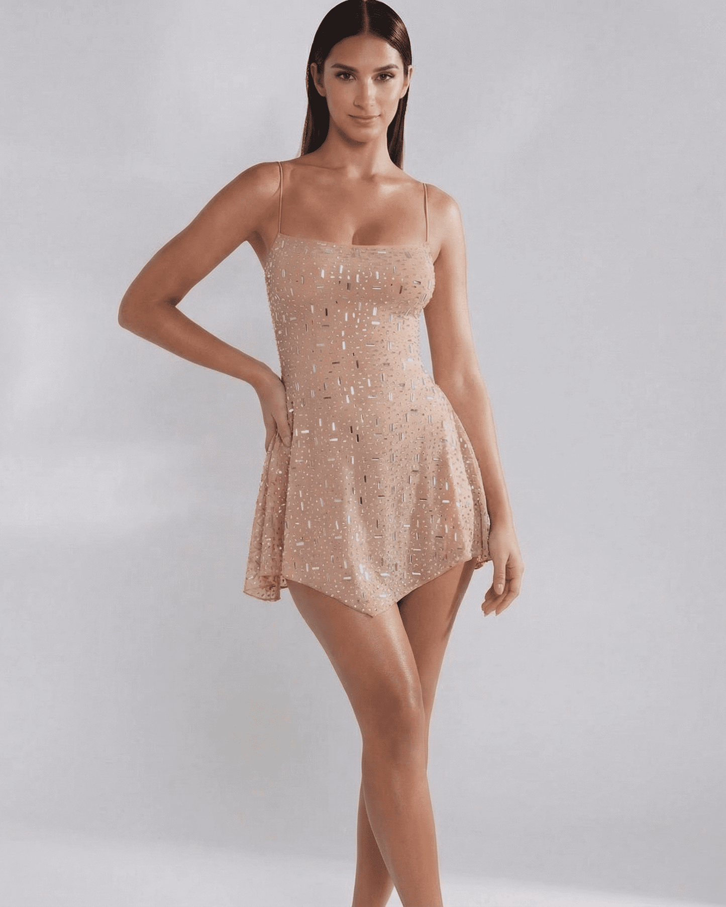 Monaco Mini Dress by Slimona - Embellished mermaid-style mini dress with square neckline in soft nude tone.