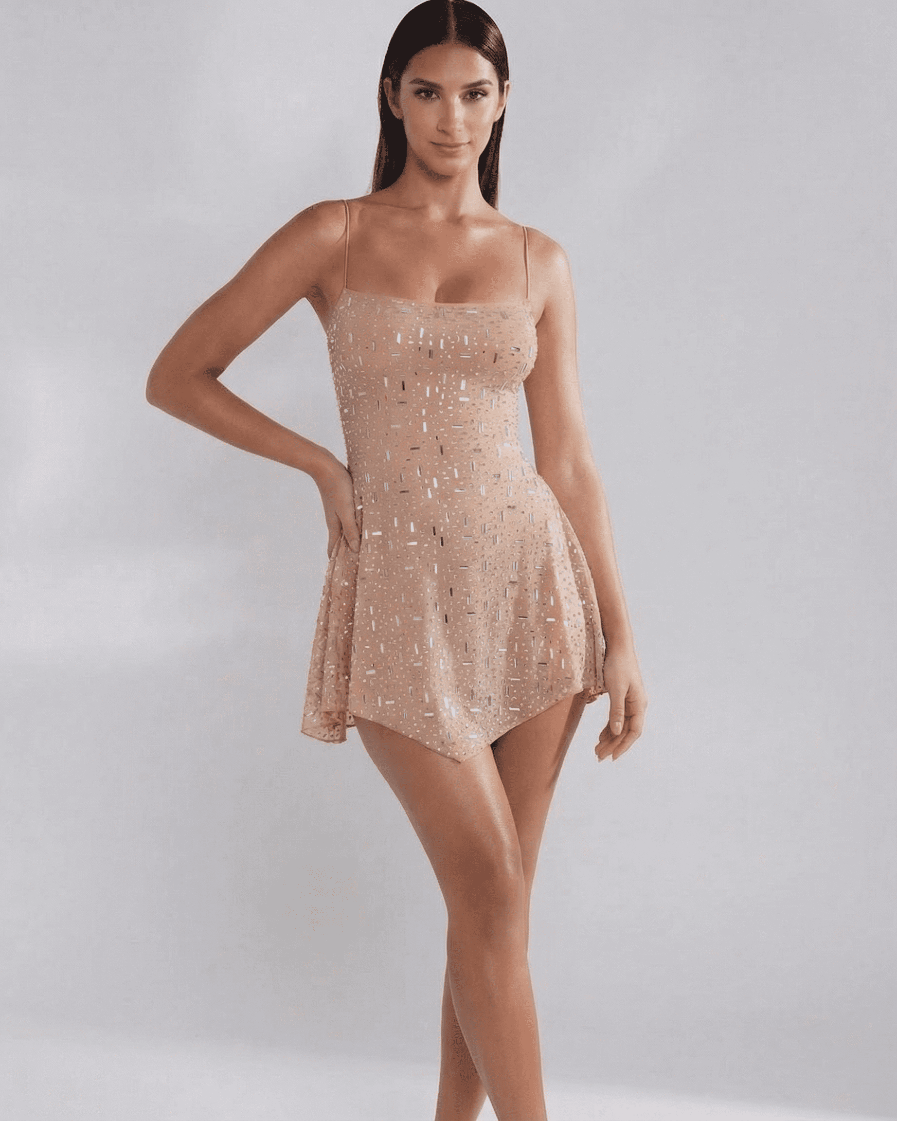 Monaco Mini Dress by Slimona - Embellished mermaid-style mini dress with square neckline in soft nude tone.