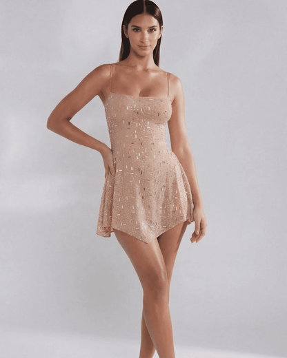 Monaco Mini Dress by Slimona - Embellished mermaid-style mini dress with square neckline in soft nude tone.
