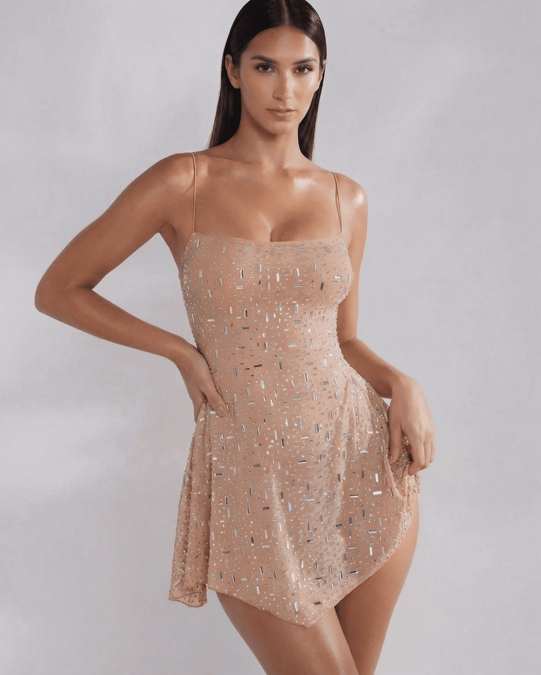 Monaco Mini Dress by Slimona, embellished mermaid mini dress with square neckline in soft nude tone.