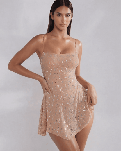 Monaco Mini Dress by Slimona, embellished mermaid mini dress with square neckline in soft nude tone.